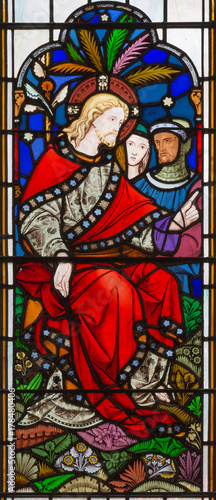 LONDON  GREAT BRITAIN - SEPTEMBER 14  2017  The teaching of Jesus on the stained glass in the church St. Michael Cornhill by Clayton and Bell from 19. cent.