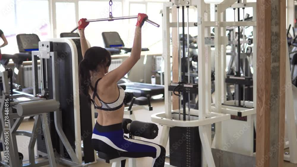attractive sportswoman doing an exercise on a training apparatus in the gym. girl doing an exercise on the muscles of the back attractive sportswoman doing an exercise on a training apparatus in the gym. girl doing an exercise on the muscles of the back