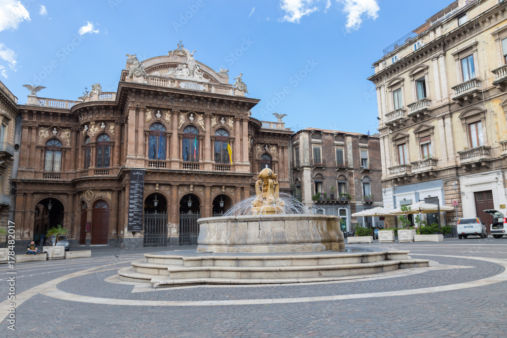 CATANIA, ITALY - October 7, 2017: Theater and fountain on Piazza Vincenzo Bellini in Catania, Sicily, Italy. Teatro Massimo Bellini.