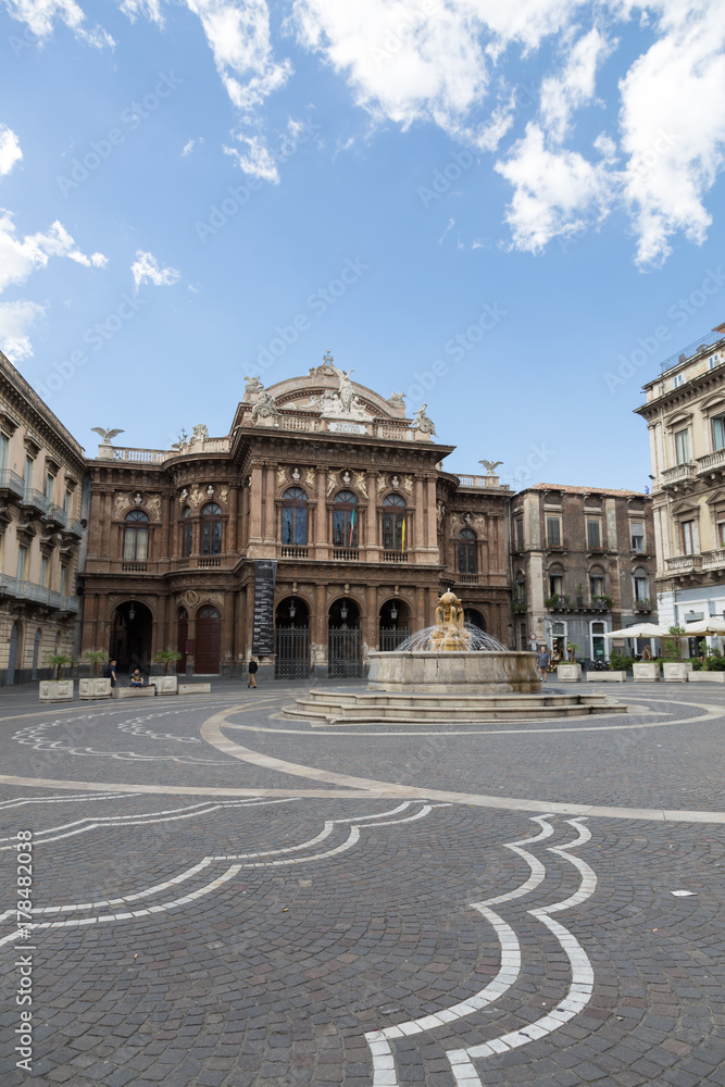 CATANIA, ITALY - October 7, 2017: Theater and fountain on Piazza Vincenzo Bellini in Catania, Sicily, Italy. Teatro Massimo Bellini.