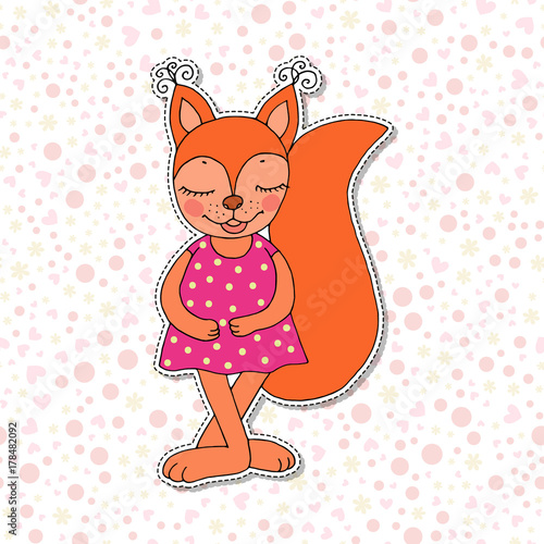 Cute colorful cartoon squirrel in pink dress