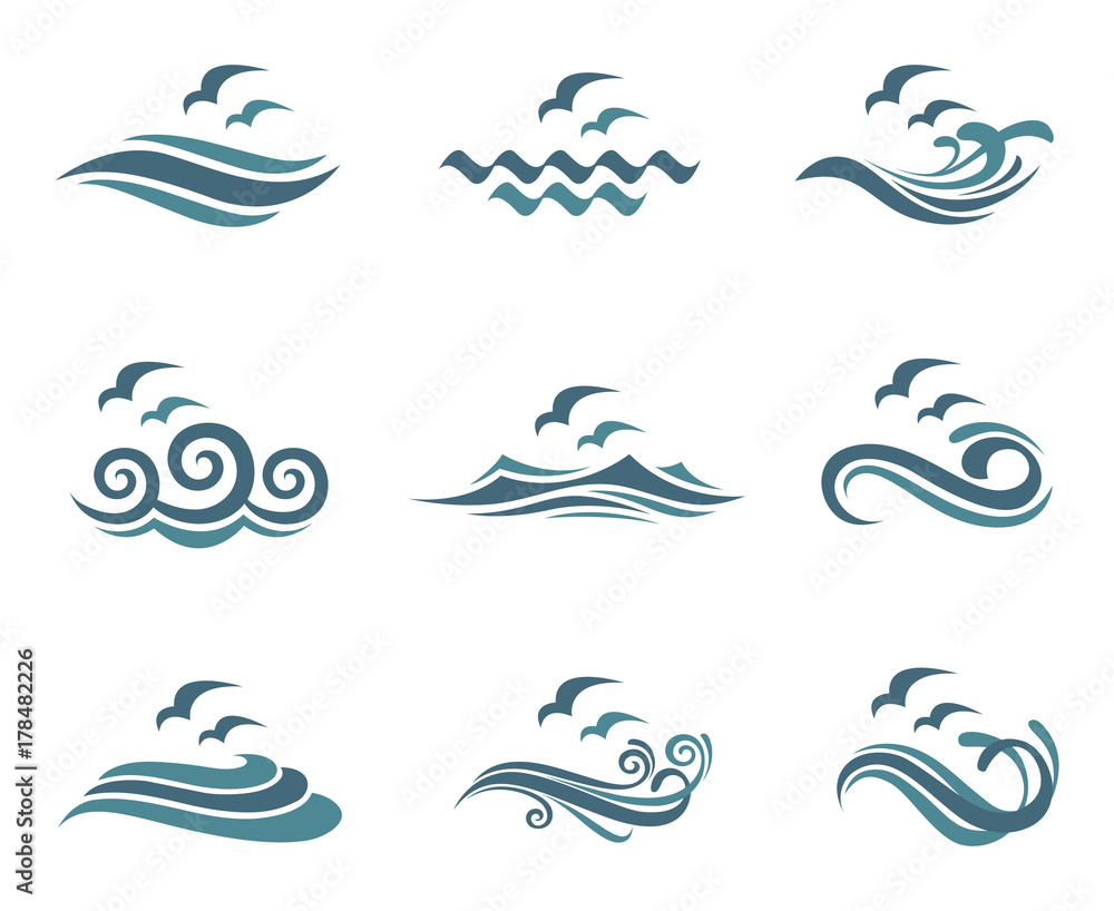 Fototapeta premium kolekcja logo oceanu z falami i mewami