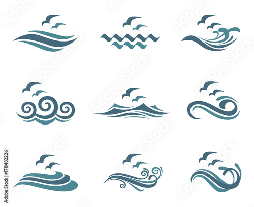 collection of ocean logo with waves and seagulls