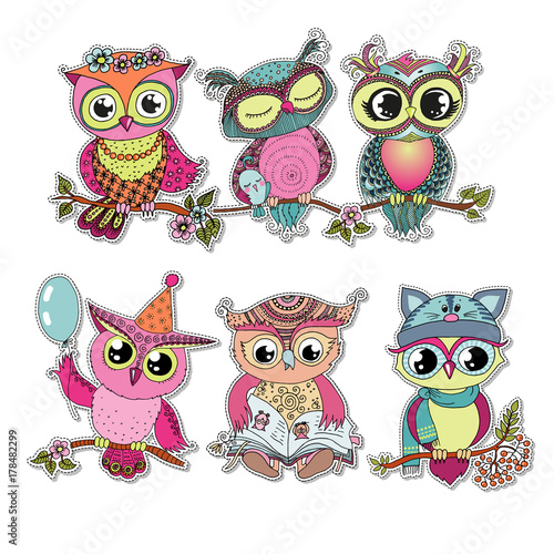 Six cute colorful cartoon owls