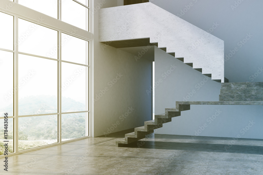 Fototapeta premium Empty gray apartment hall, stairs toned