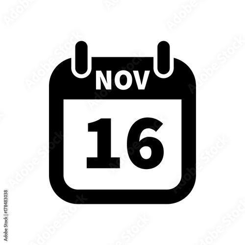 Simple black calendar icon with 16 november date isolated on white