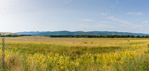 Panoramic view of the beveled fields. In the background there are hills.