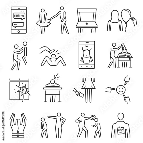 Bullying line icon set