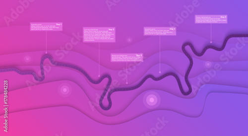 Road map infographics template. Winding road timeline illustration. Travel and Journey route creative banner. Vector EPS 10