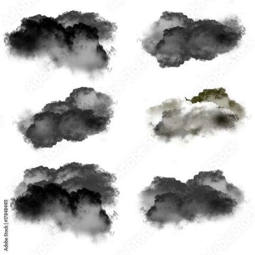 Black clouds of smoke 3D illustration, black clouds collection