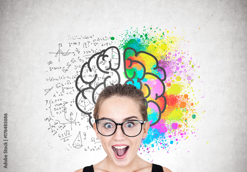 Astonished girl in round glasses, bright brain Astonished girl in round glasses, bright brain