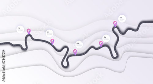 Road map infographics template. Winding road timeline illustration. Travel and Journey route creative banner. Vector EPS 10