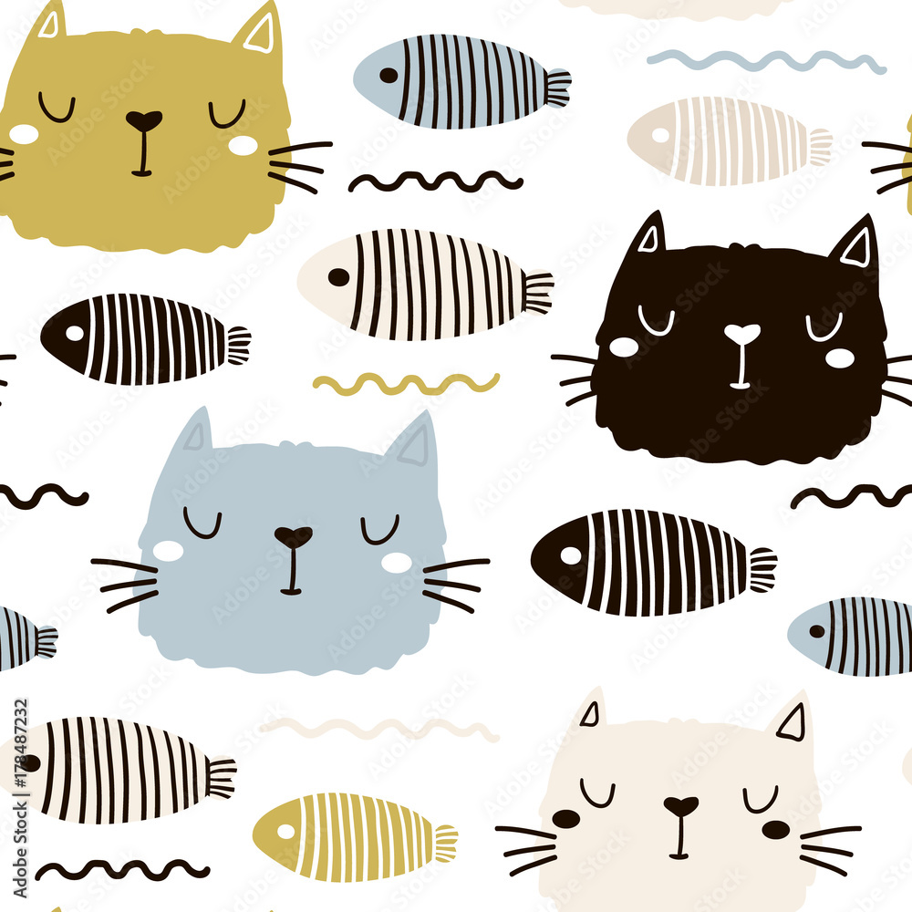 Kittens in the water among the fishes