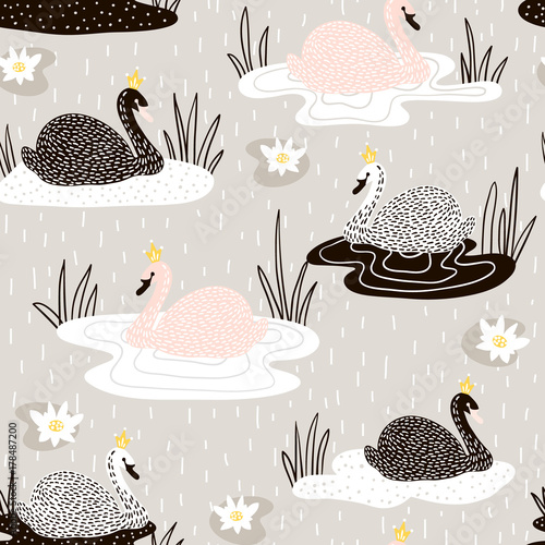 Seamless childish pattern with swan princess on lake,Creative nursery background. Perfect for kids design, fabric, wrapping, wallpaper, textile, apparel