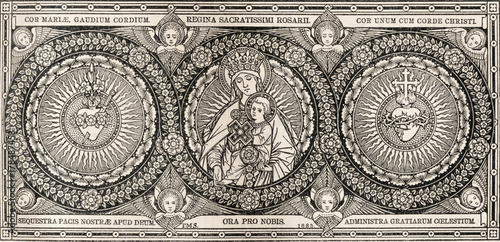 Foto BRATISLAVA, SLOVAKIA, NOVEMBER - 21, 2016: The lithography of Madonna and heards of Jesus and Mary in Missale Romanum by artist with the initials F