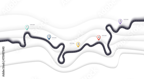 Road map infographics template. Winding road timeline illustration. Travel and Journey route creative banner. Vector EPS 10