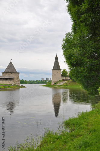 Pskov Kremlin - view of the two towers and the confluence of the rivers