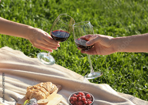 Couple in love drinking red wine on picnic