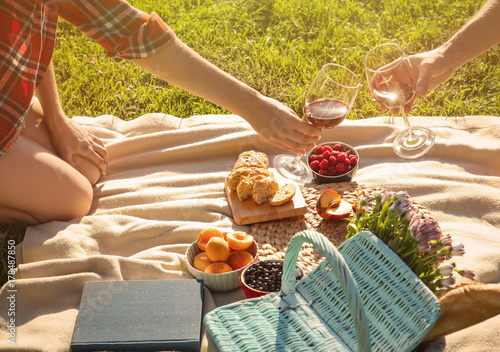 Couple in love drinking red wine on picnic