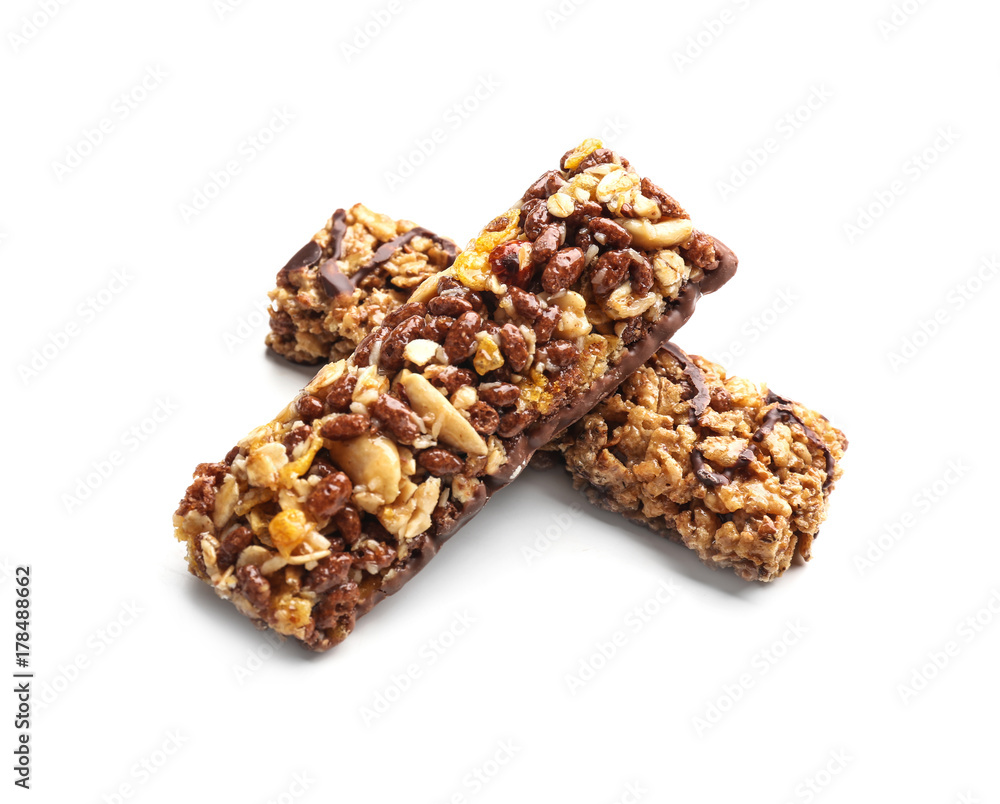 Yummy cereal bars on white background Yummy cereal bars on white background