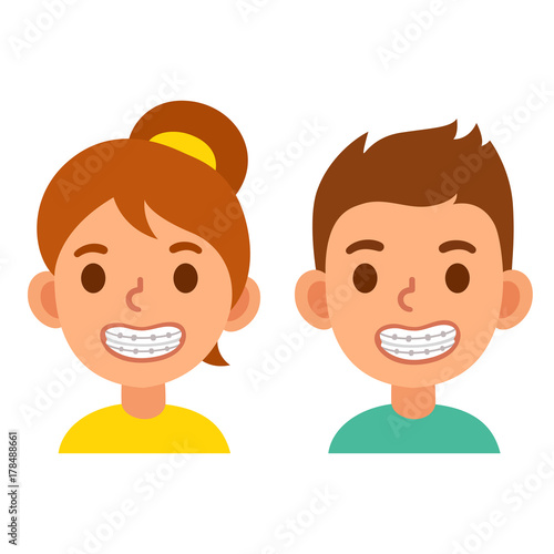 Cartoon boy and girl with braces