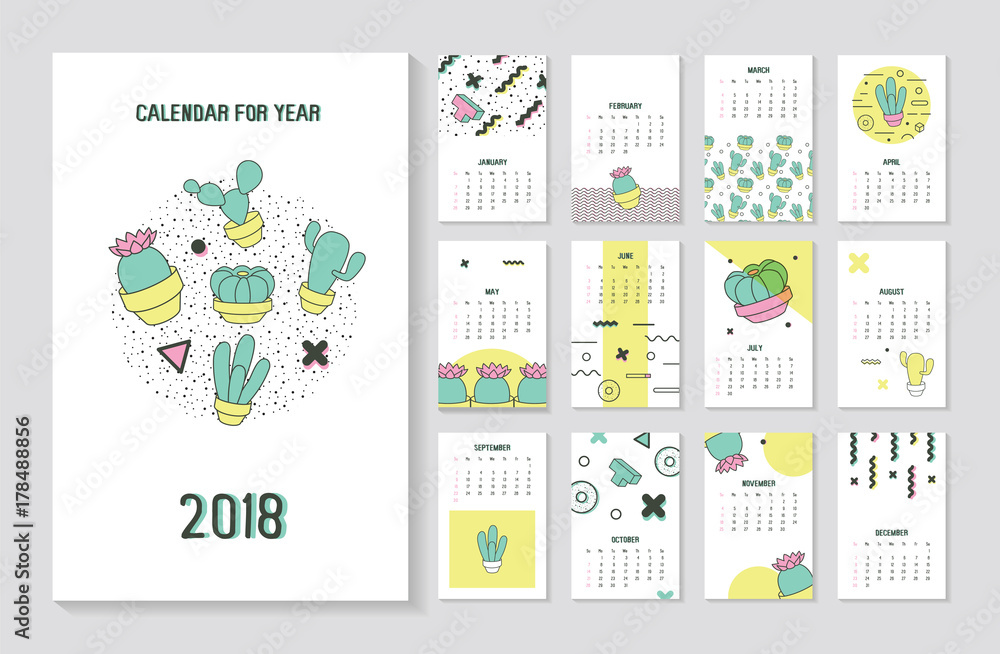 Fototapeta Memphis Style Abstract 2018 Year Calendar with Geometric Elements and Cactus. Trendy Modern Poster Set. Vector illustration