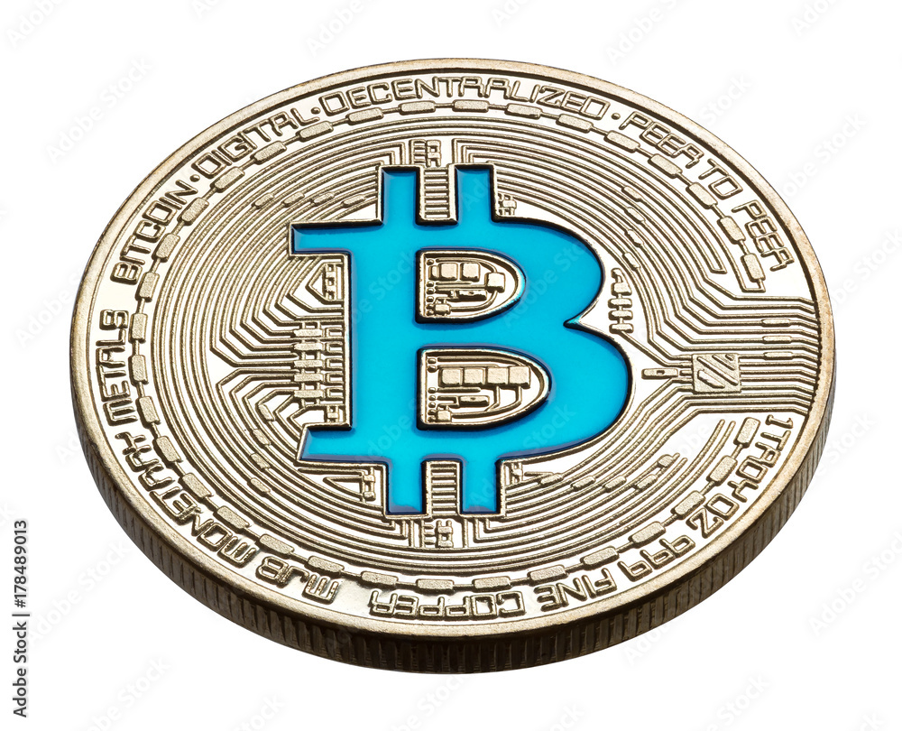 Cryptocurrency physical colored bitcoin coins. Blue bitcoin.