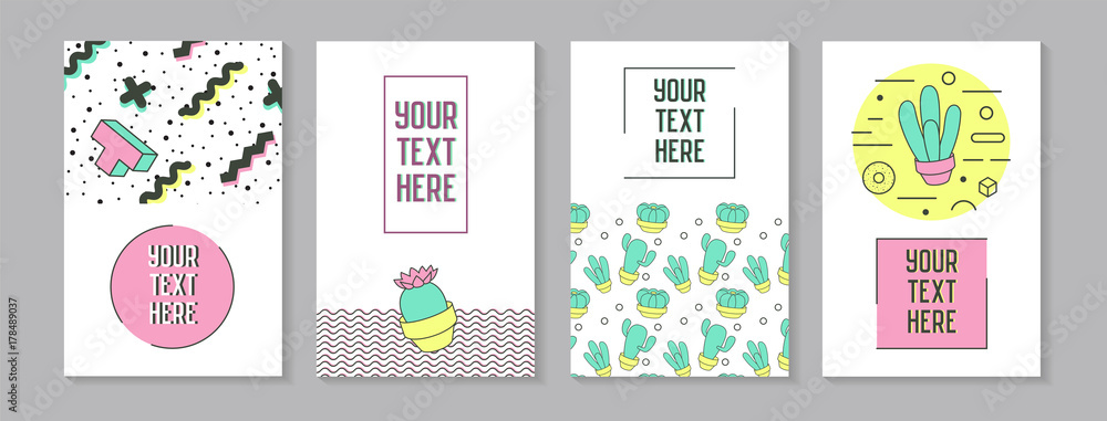 Trendy Abstract Posters in Memphis Style with Geometric Shapes and Cactus. Minimalistic Elements Patterns, Banners, Invitations. Vector illustration