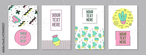 Trendy Abstract Posters in Memphis Style with Geometric Shapes and Cactus. Minimalistic Elements Patterns  Banners  Invitations. Vector illustration