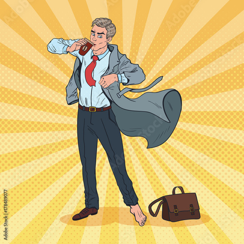 Pop Art Businessman Late to Work. Man with Coffee Hurry up to Office. Vector illustration