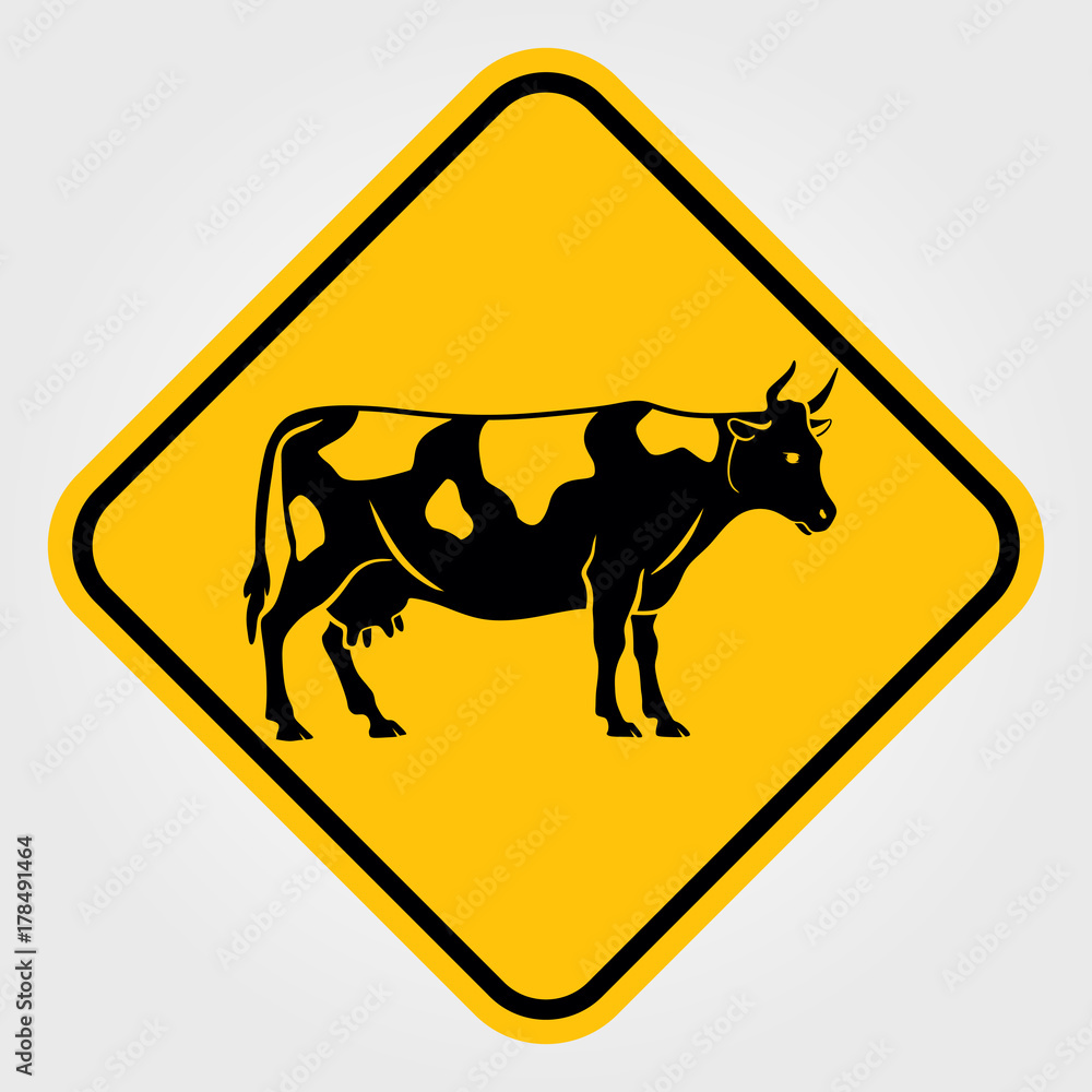 Yellow Road sign - Attention Animal, Cow.  