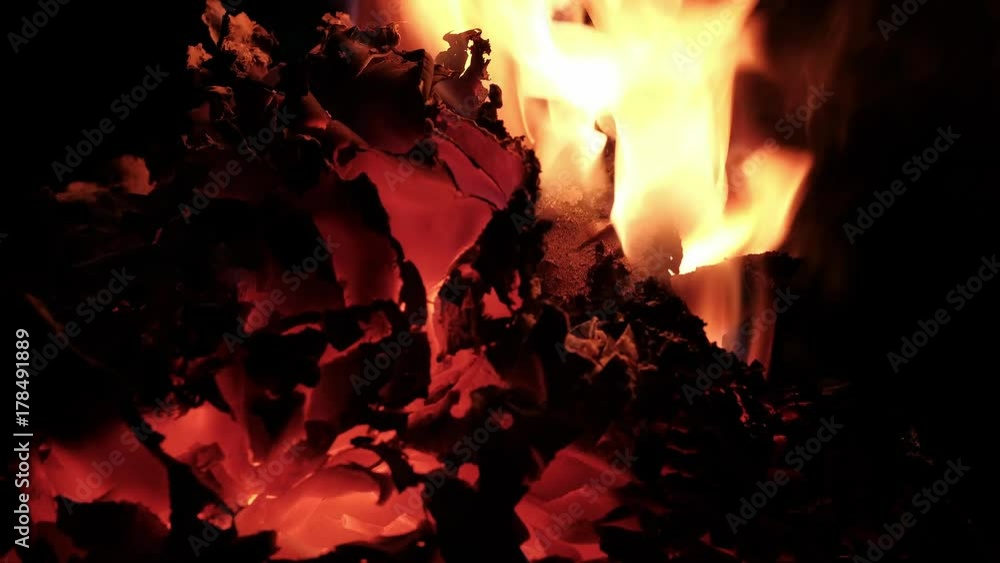 Close-up. The paper burns with a bright flame in the fire. The paper turns into ashes. Close-up. The paper burns with a bright flame in the fire. The paper turns into ashes.
