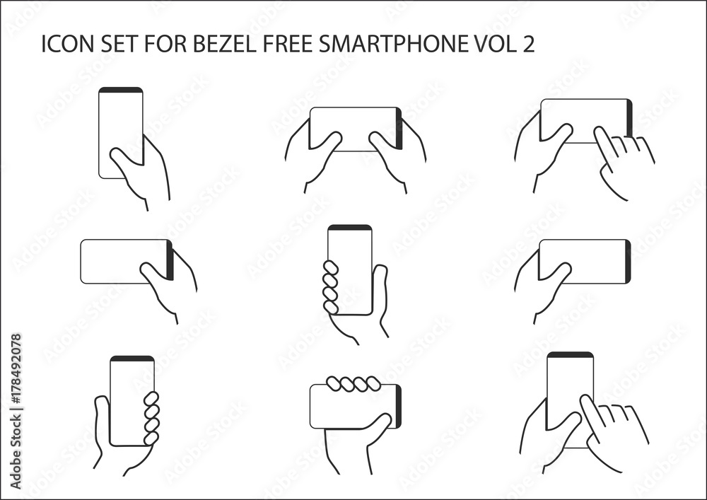 Vector icon set of hand holding bezel free modern smart phone in different positions. Operating frameless touchscreen with one or two hands Vector icon set of hand holding bezel free modern smart phone in different positions. Operating frameless touchscreen with one or two hands