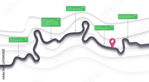 Road map infographics template. Winding road timeline illustration. Travel and Journey route creative banner. Vector EPS 10