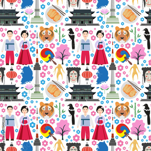 Colorful seamless pattern with symbols of South Korea.