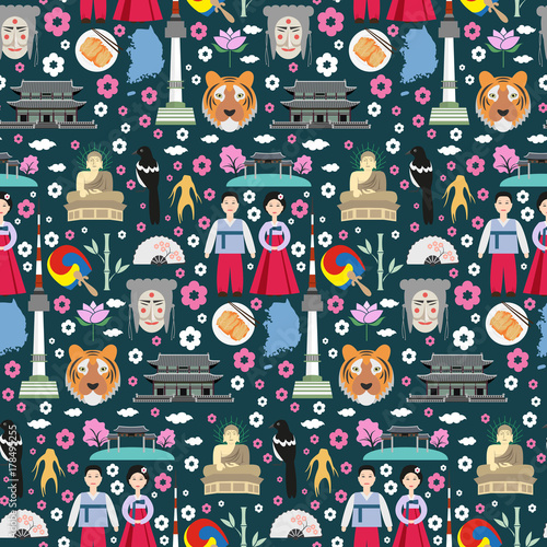 Colorful seamless pattern with symbols of South Korea.