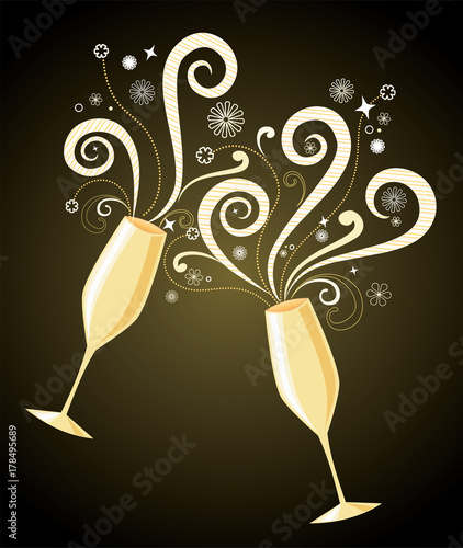 Sparkling golden champagne toast for new years eve holiday with stylish swirls, stars and flowers on a glowing black background