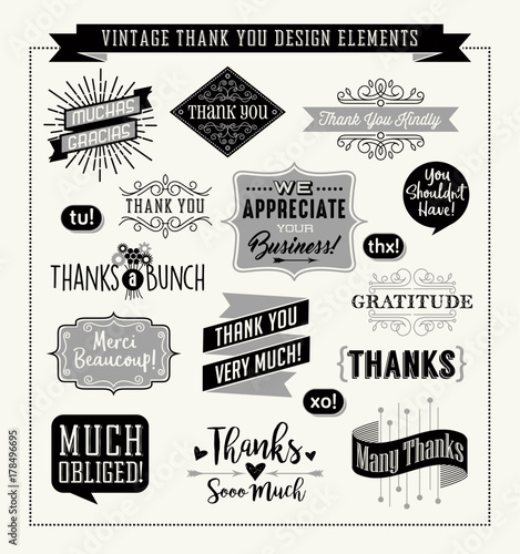 Set of thank you card design elements in a variety of styles. Easy to edit. Vector illustration.