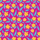 Cute seamless hand-drawn floral pattern with yellow flowers on pink background. Vector illustration