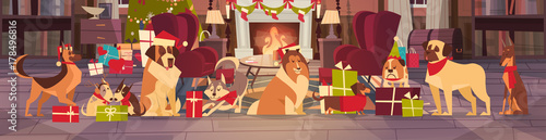 Dogs In Santa Hats In Living Room With Decorated Pine Tree, Merry Christmas And Happy New Year Holiday Poster Design Flat Vector Illustration