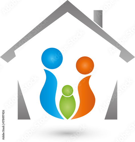 Drei Personen und Haus, Familie, Immobilien, Logo 