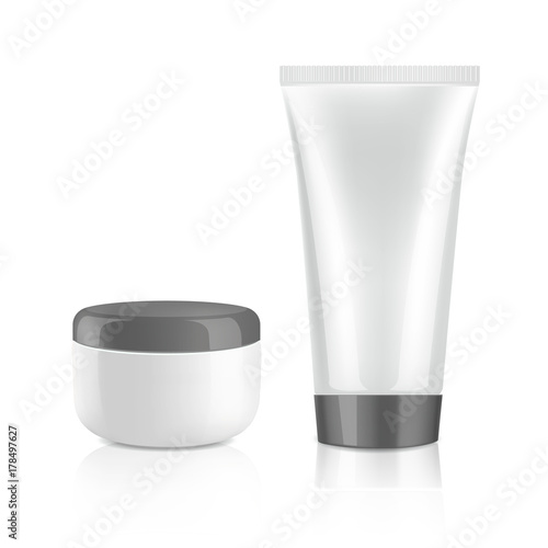 Mock up cosmetic realistic white plastic cream bottle and tube with black lid isolated on white background. Beauty product package template, vector illustration.