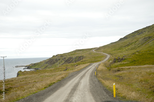Road in a typical Icelandic landscape Vatnsnes Peninsula, a wild nature of rocks and shrubs, rivers and lakes.