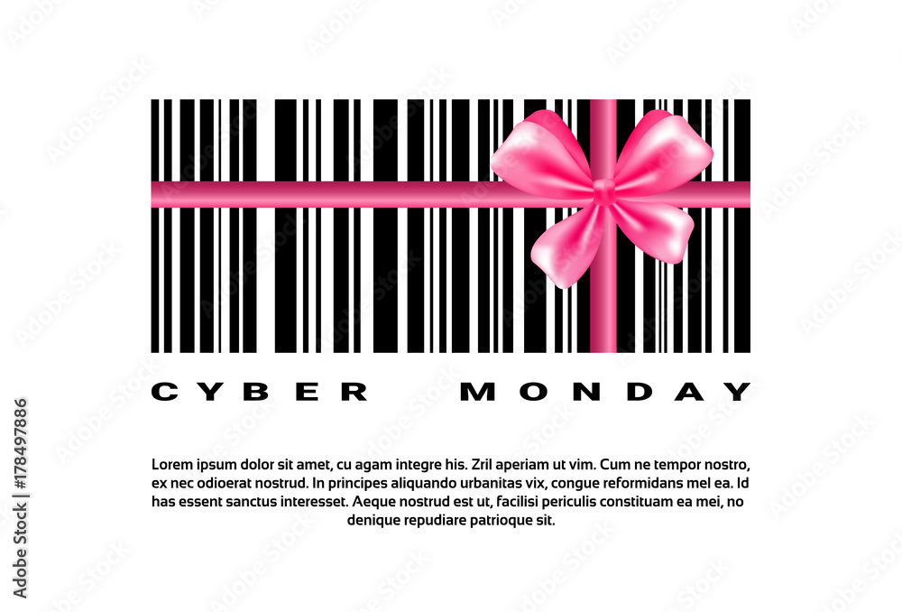 Cyber Monday Background With Bar Code And Pink Bow Sale Banner Design With Copy Space Vector Illustration Cyber Monday Background With Bar Code And Pink Bow Sale Banner Design With Copy Space Vector Illustration
