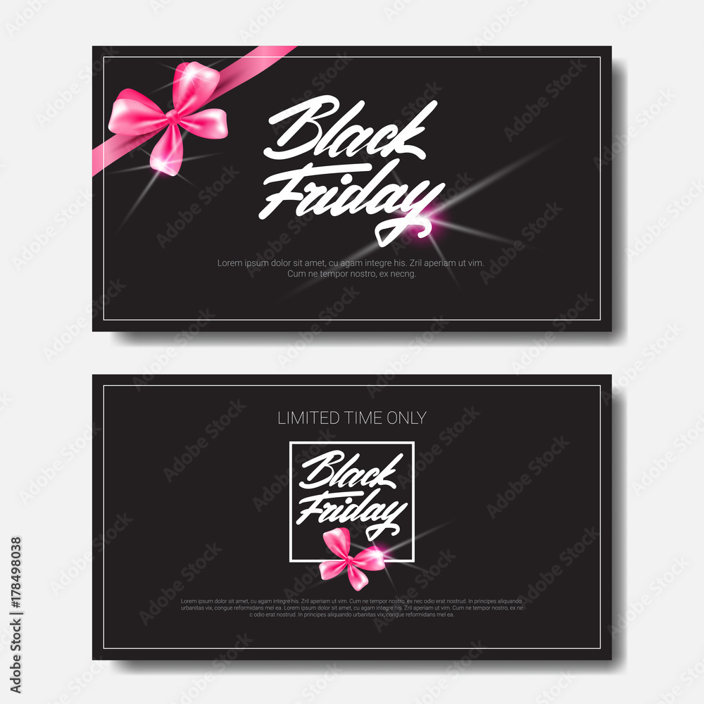 Set Of Black Friday Posters With Pink Ribbon Bow On White Background Sale Flyer With Copy Space Design Vector Illustration