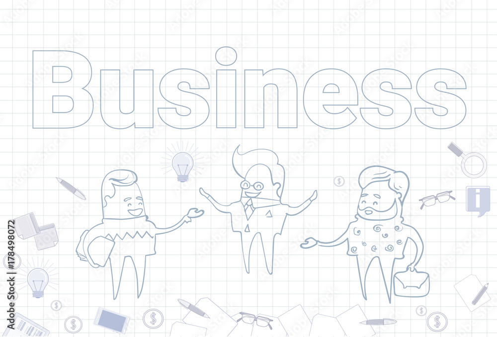 Business Banner With Sketch Businesspeople And Icons Over Squared Background Vector Illustration
