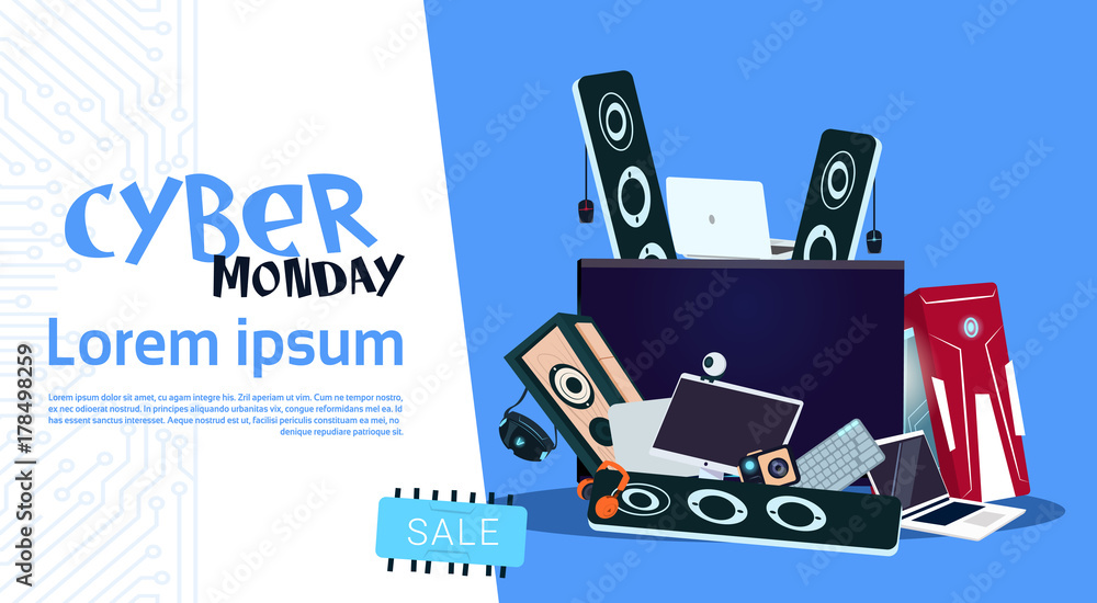 Cyber Monday Sale Banner Design With Pile Of Modern Electronics Gadgets On Background Vector Illustration