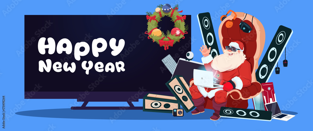 Happy New Year Banner With Santa Claus Sitting With Modern Electronics Gadgets And Plasma Tv On Background Vector Illustration