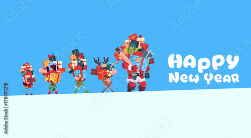 Happy New Year Card With Elves, Reindeer And Santa Carrying Gift Boxes Stack Christmas Holiday Presents Concept Vector Illustration