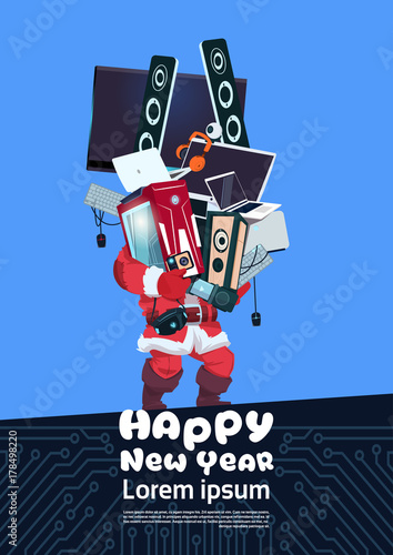 Santa Claus Holding Pile Of Modern Electronics Gadgets On Happy New Year Banner Background Vector Illustration